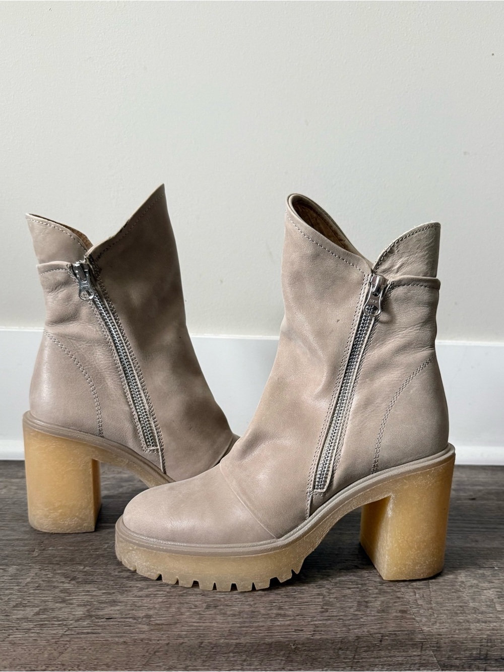 Free People Taupe Leather Zip-Up Chunky Heel Boots